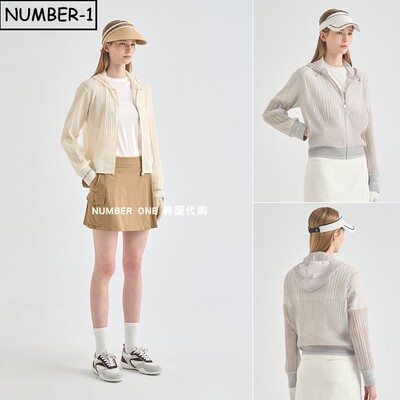 韩国代购高尔夫球服26年女夏徽标提花口袋褶裥全拉链连帽长袖上衣