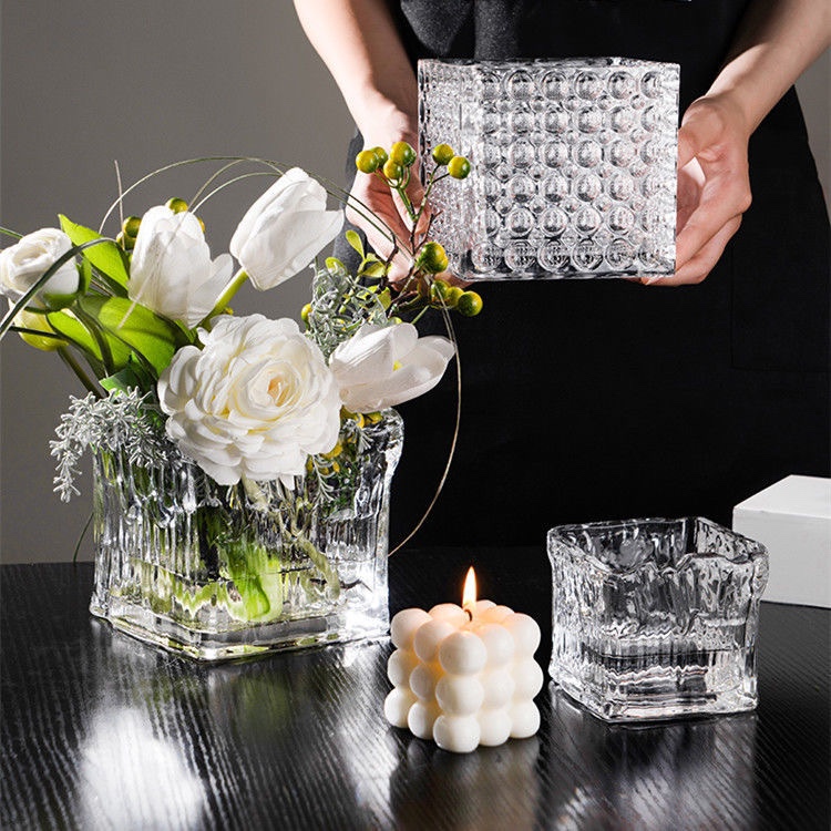 冰川纹方缸创意正方形烛台水培绿植物铜钱草白掌绿萝水养玻璃花瓶