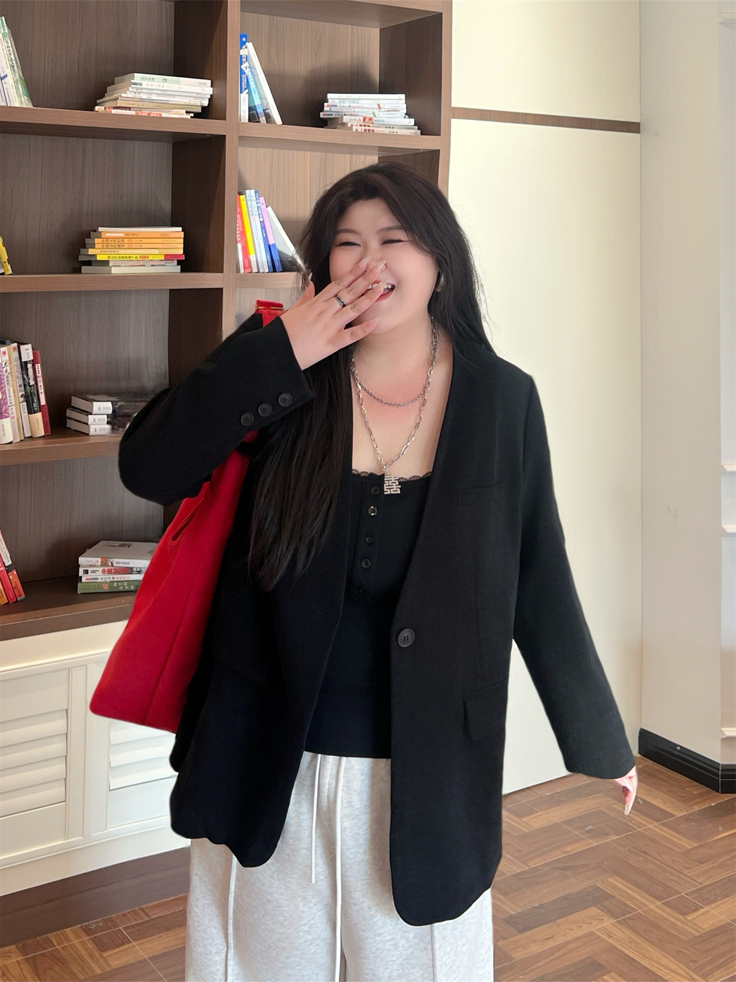 Plus size Women's Wear 4437 Plus Size Ladies Early Autumn Stylish Fake Two-Piece Hooded Small Suit Casual Slim Looking Outwear