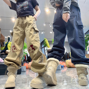 脚抽绳裤 欧货2025秋冬新款 女宽松显瘦裤 裤 子 卡通图案加绒休闲工装