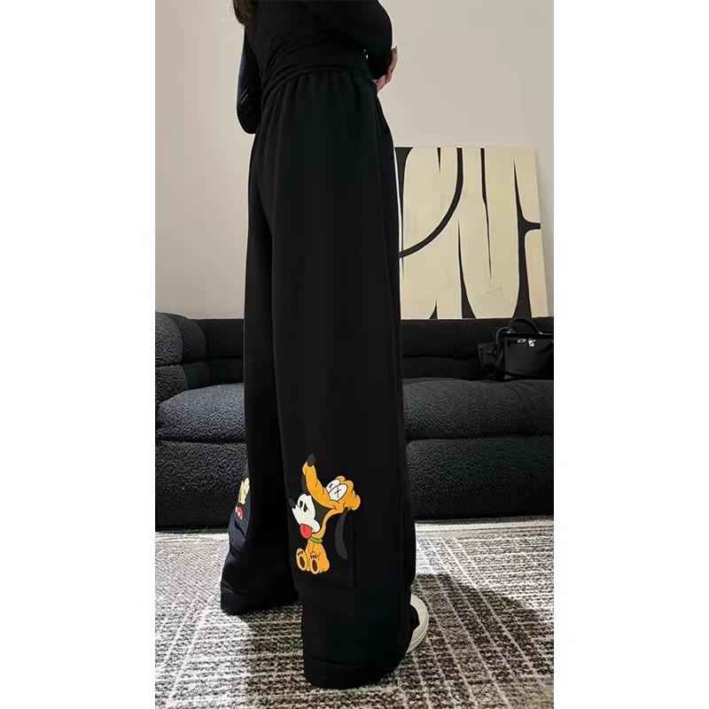 欧洲站减龄卡通加绒宽松直筒休闲裤女2025冬季新款韩版百搭阔腿裤