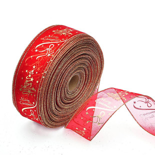 印花圣诞树装 热卖 红金色韩版 圣诞树装 饰丝带 饰品6.3cm100码