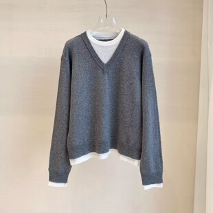 V领撞色假两件针织衫女装 灰色舒适极简风灰色毛衣可外穿内搭上衣