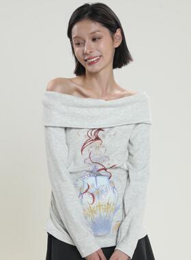 ProtectHeart原创涂鸦印花一字肩上衣女修身显瘦长袖T恤