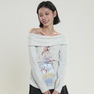 ProtectHeart原创涂鸦印花一字肩上衣女修身显瘦长袖T恤