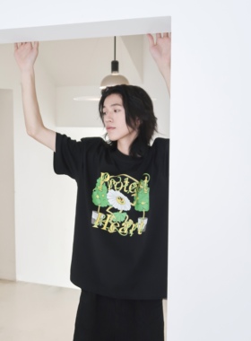 “逛三园”主题之向日葵印花黑白重磅纯棉短袖t恤