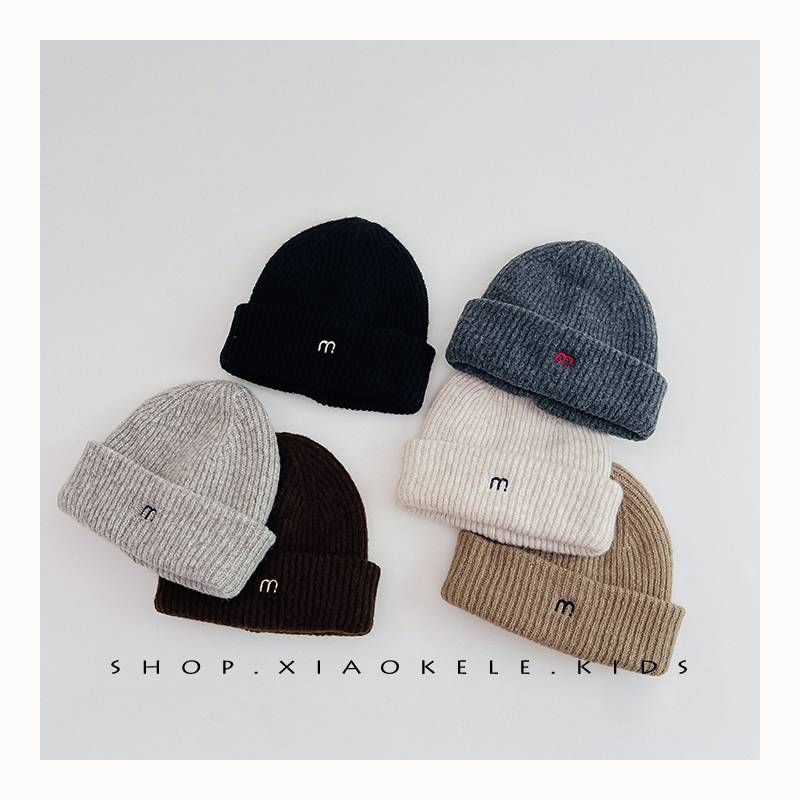 ins韩国宝宝毛线帽秋冬洋气M字母宝宝针织护耳帽男女童保暖冷帽潮
