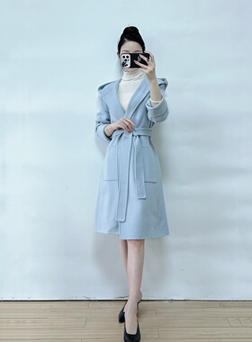 绍兴美代 Theory 浅蓝色连帽无扣腰带羊毛羊绒大衣 K101403R 现PS