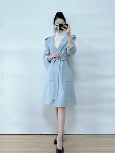 绍兴美代 Theory 浅蓝色连帽无扣腰带羊毛羊绒大衣 K101403R 现PS