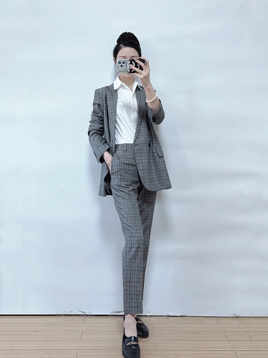绍兴美代Theory灰色格子双排扣羊毛西装+九分裤M0801104现0-2,0-6