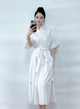 绍兴美代 Vince 白色短袖腰带开叉衬衫连衣裙V570551046 现XS/S