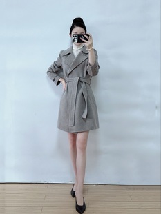 绍兴美代 Theory 灰色西装领无扣腰带羊毛羊绒大衣 K0501406 现S