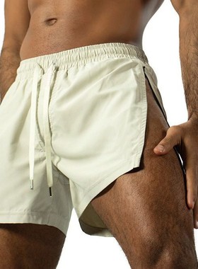 夏季男士健身运动跑步深蹲训练弹力速干高开叉拉链三分单层短裤