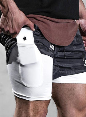 ASRV夏季男士健身跑步运动训练假两件美式速干双层内衬三分短裤