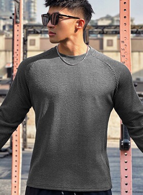秋冬男士健身运动训练弹力透气修身显大螺纹插肩袖打底长袖T恤