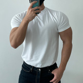 短袖 夏季 T恤 口收紧棉质弹力透气纯色显大修身 薄款 男士 健身运动袖