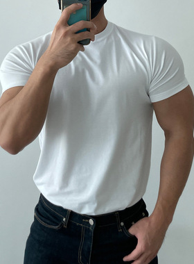 夏季男士健身运动袖口收紧棉质弹力透气纯色显大修身薄款短袖T恤
