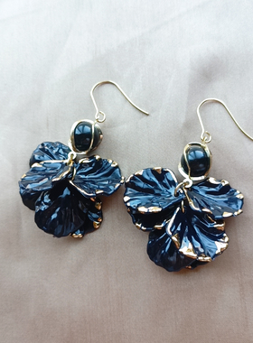 黑色花瓣耳环925纯银防敏波西米亚旅游黑色耳饰冷淡风高级感耳坠