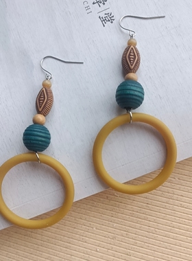 原创设计耳环925纯银防敏黄色圆圈复古民族风波西米亚耳饰夸张