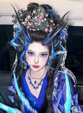 新款暗黑国风复古清汉女配饰蓝色发冠头饰簪子发钗古风汉服饰品