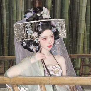 汉服斗笠面纱走秀流苏串珠帽子古风白色遮阳防晒花间令同款帷帽女