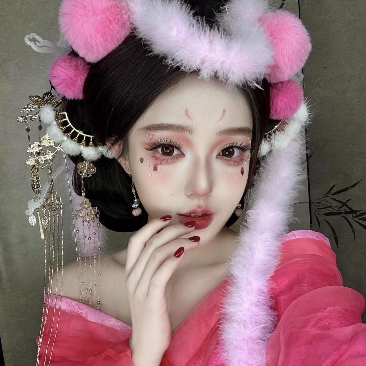 狐狸头饰粉色毛球狐妖cos发饰古装汉服写真白羽毛条影楼拍摄道具