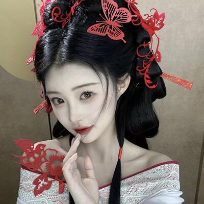 红色新中式剪纸造型面发饰