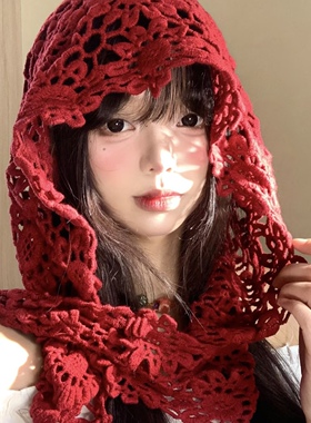 2026新疆旅游穿搭针织毛线帽女红色云南内蒙古草原川西拍照镂空帽