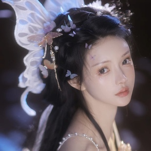 新款汉服蝴蝶发夹大扑棱蛾子古风网纱大蝴蝶古装盘发拍照头饰发饰