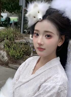 妲己古风头饰道具白色狐狸汉服画皮白狐影楼cos小唯狐妖发饰品