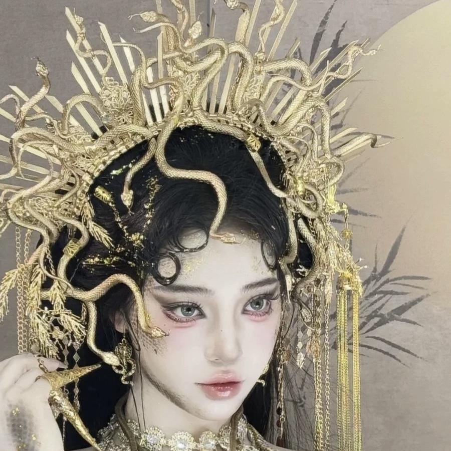 2025新款可调节随意造型蛇形项链美杜莎头饰cos古风汉服妆造发饰