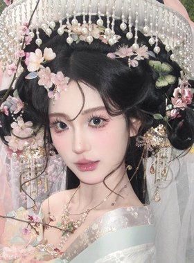 汉服斗笠面纱走秀流苏串珠帽子古风白色遮阳防晒花间令同款帷帽女