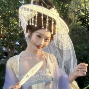 汉服斗笠面纱走秀流苏串珠帽子古风白色遮阳防晒花间令同款帷帽女