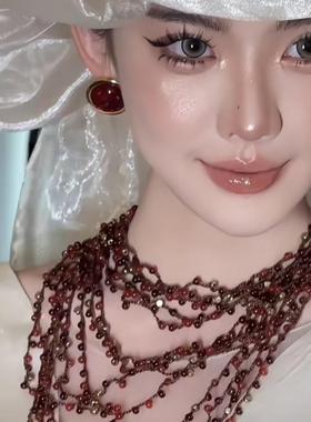 多层串珠项链复古酒红色玫瑰