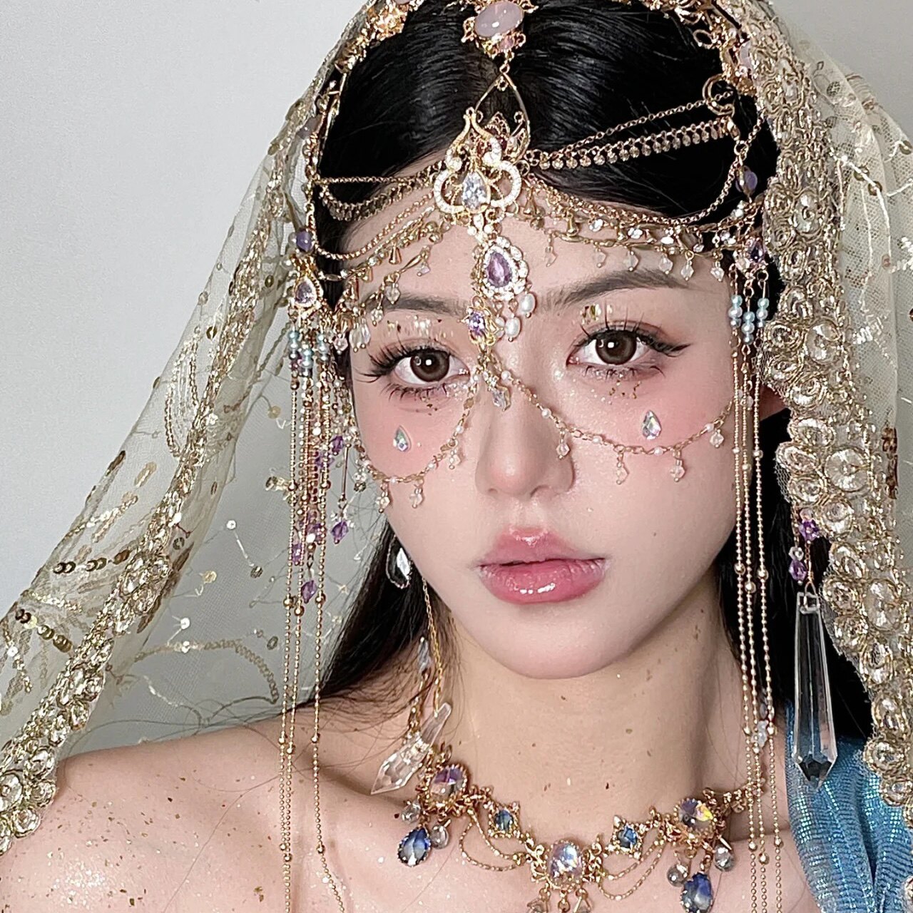 异域风发饰头饰额冠古风汉服遮脸配饰楼兰公主西域紫色民族发冠