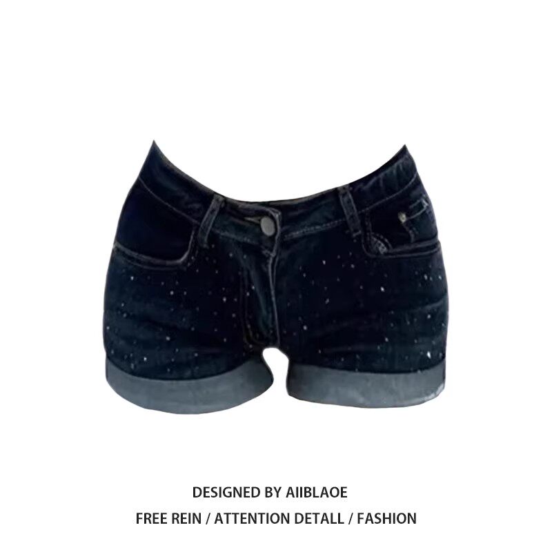 美式辣妹烫钻丰胯牛仔短裤女春夏季设计感修身低腰显瘦包臀热裤子
