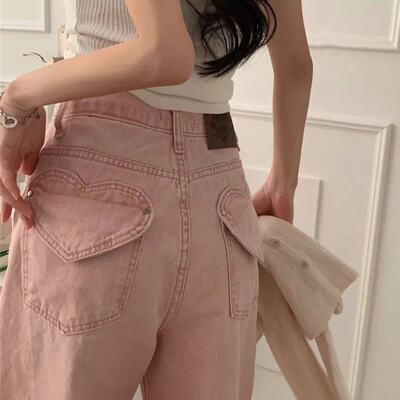 韩国东大门2026春季口袋爱心形复古高腰磨白宽松香蕉裤牛仔裤