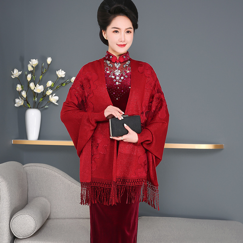 春秋时尚旗袍披肩女外搭高端洋气针织斗篷外套喜婆婆妈妈婚礼披风