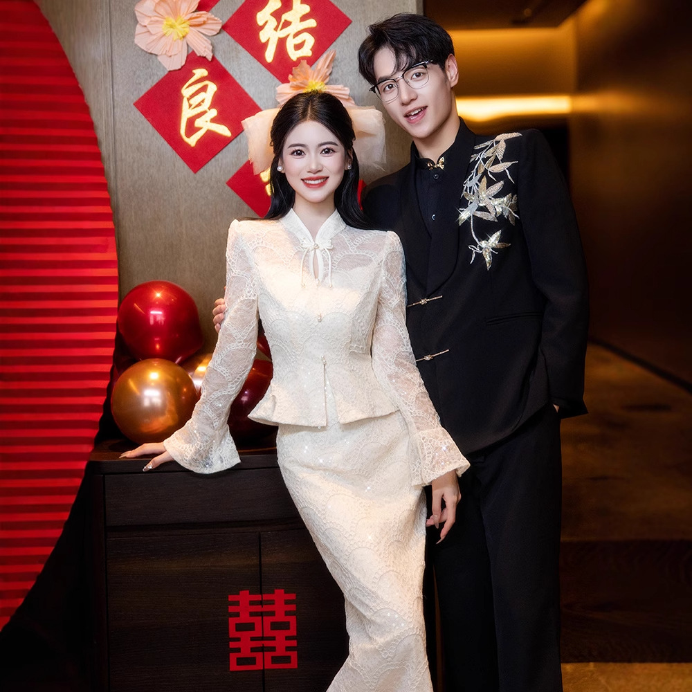 香槟色订婚旗袍敬酒服2025新款秋冬新娘新中式结婚礼服连衣裙长袖