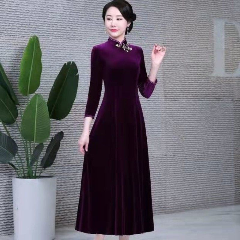 改良喜婆婆婚宴装2025新款妈妈旗袍金丝绒长袖春秋连衣裙大摆长裙