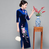 中长款 改良绣花旗袍连衣裙春秋加大码 妈妈装 走秀表演金丝绒旗袍裙