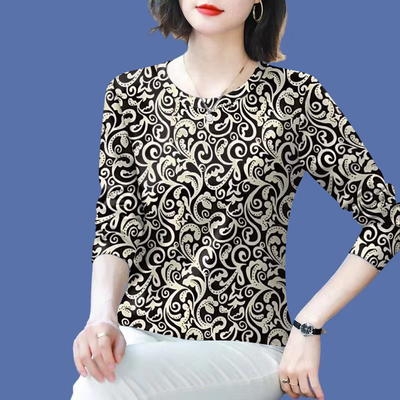 妈妈女装春秋长袖圆领打底衫2025新款高档时尚印花遮肚T恤女上衣
