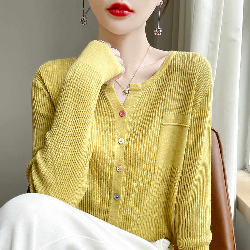 2025V领秋冬款坑条超细精纺羊毛衫开衫女士圆领七彩扣针织衫毛衣