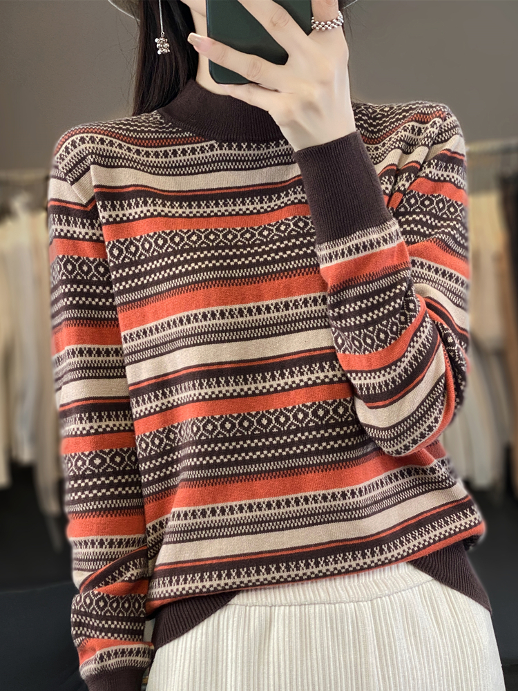 针织衫纯棉提花打底衫秋冬季