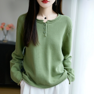 100%纯棉线卷边圆领长袖针织衫女加厚宽松套头打底衫全棉显瘦上衣