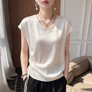 法式V领短袖衬衫女夏新款抽绳设计感别致高端上衣缎面丝质衬衫T恤