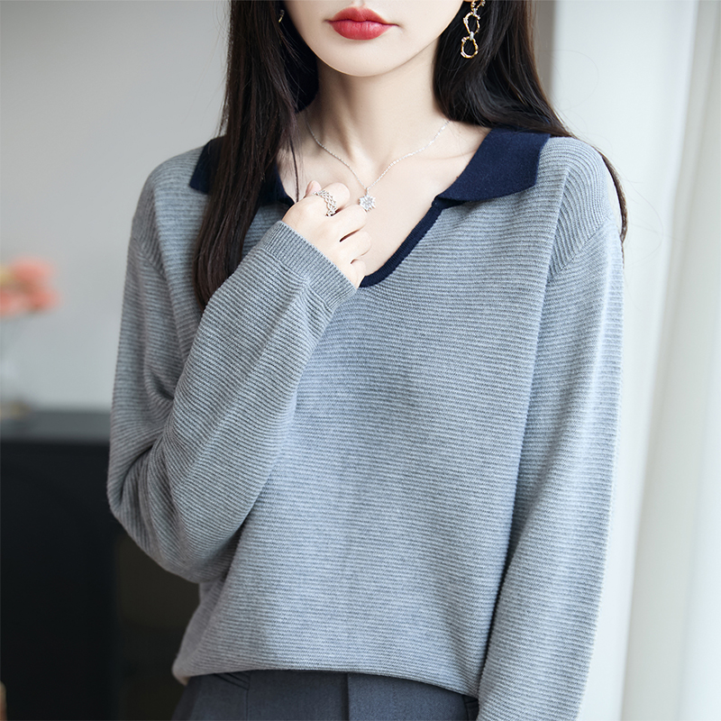 法式撞色POLO领针织衫