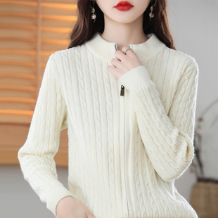 秋冬季拉链毛衣外套女宽松加厚麻花针织开衫半高领羊毛衫保暖上衣
