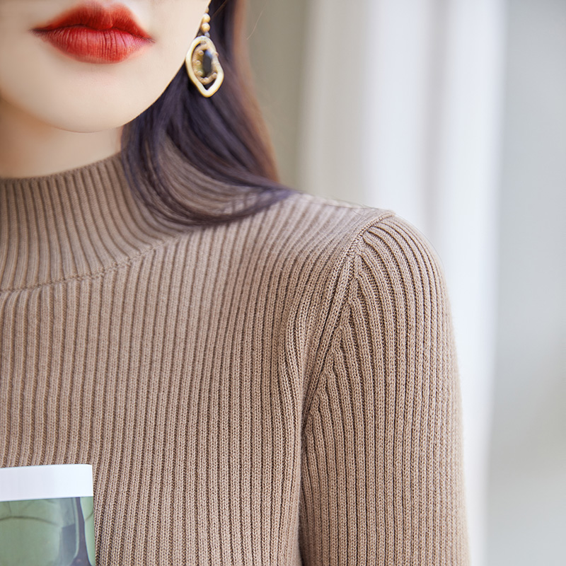 秋冬新款100纯棉半高领打底衫女修身内搭毛衣女中领紧身针织衫