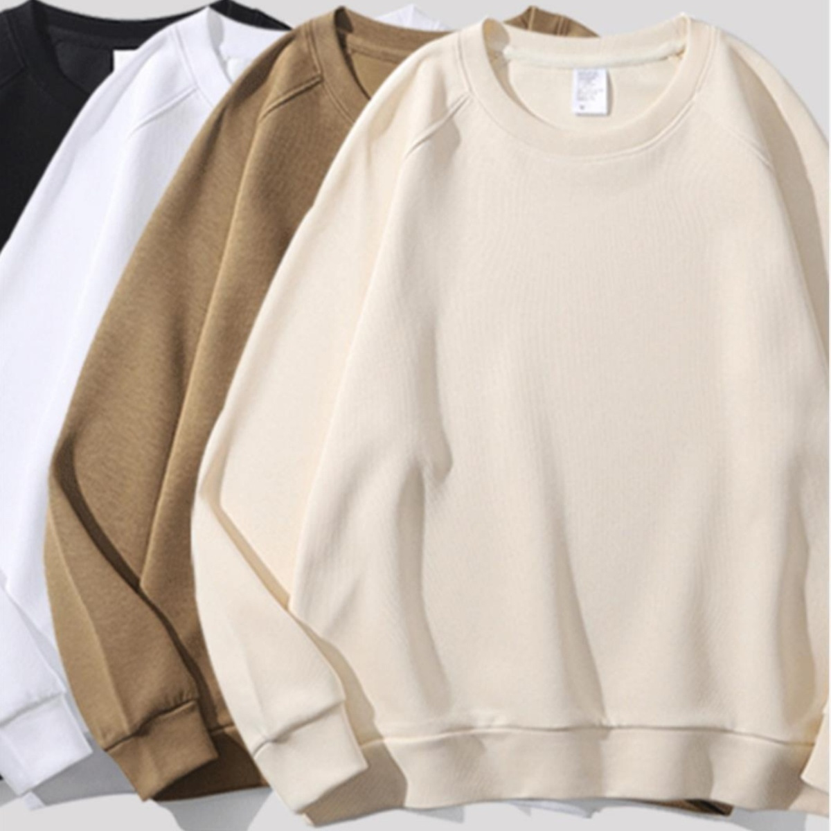 新款奶杏色！350g重磅插肩袖圆领卫衣女米白色宽松休闲打底衫男秋